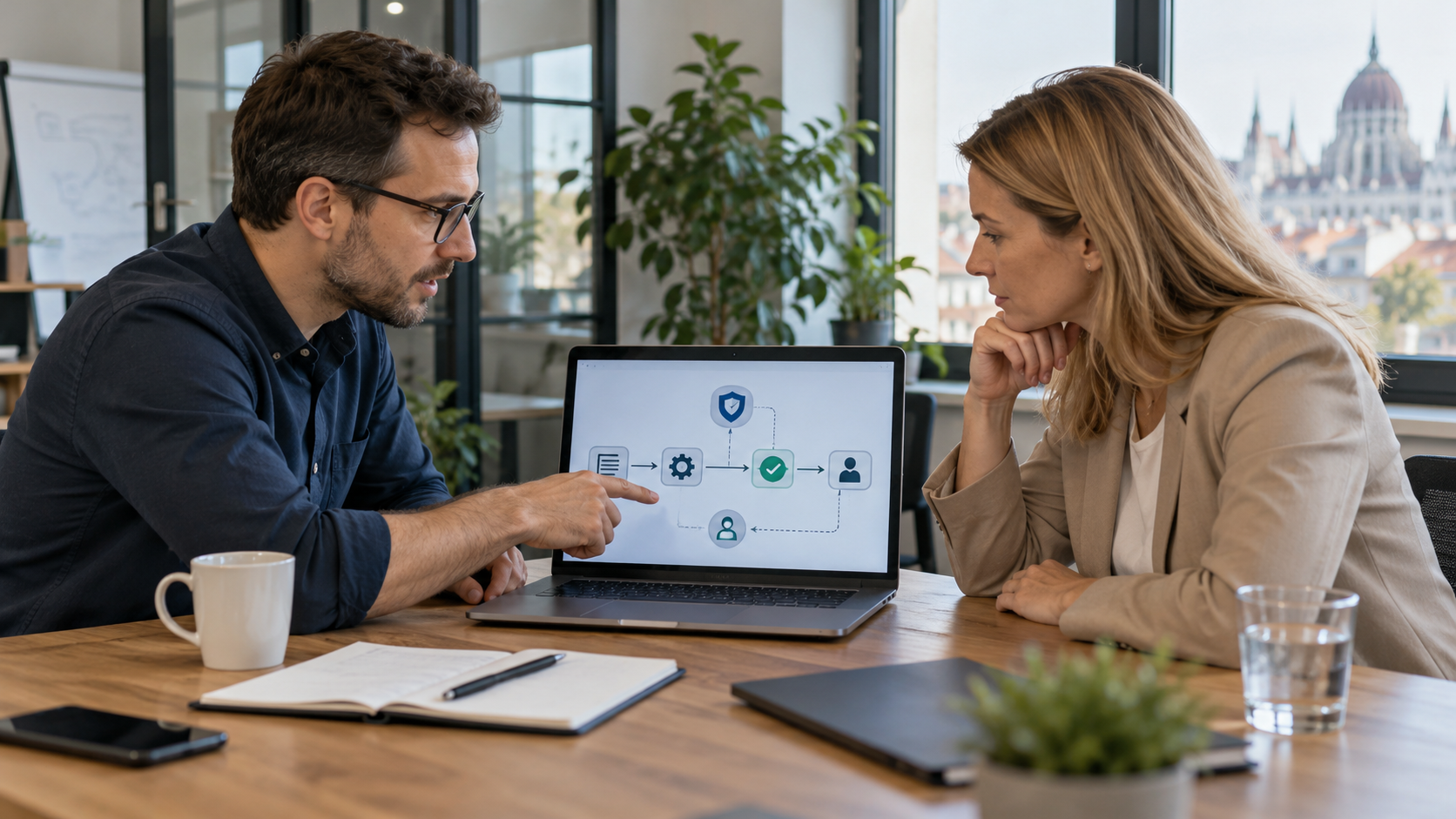 Informatikai tanácsadó és vállalkozásvezető egy laptopon megjelenített, emberi jóváhagyást tartalmazó AI-munkafolyamatot vizsgál.