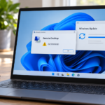 Laptop Windows 11-képernyővel, távoli asztali hibajelzéssel és Windows Update-ablakkal.