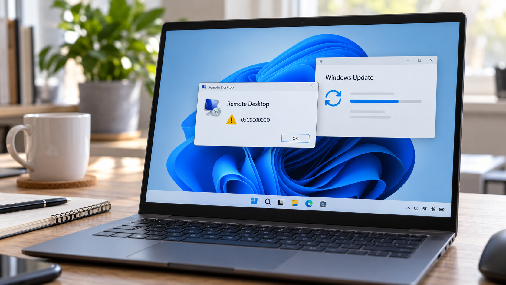 Laptop Windows 11-képernyővel, távoli asztali hibajelzéssel és Windows Update-ablakkal.