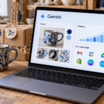 Kerámiaműhely asztalán álló laptop Gemini üzleti felülettel, márkaarculati mintával, pénzügyi grafikonnal és kapcsolódó alkalmazások ikonjaival.
