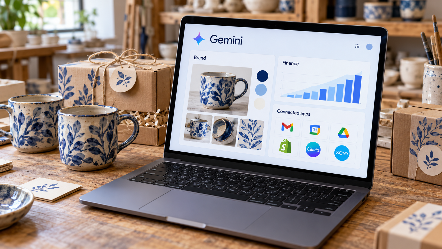 Kerámiaműhely asztalán álló laptop Gemini üzleti felülettel, márkaarculati mintával, pénzügyi grafikonnal és kapcsolódó alkalmazások ikonjaival.