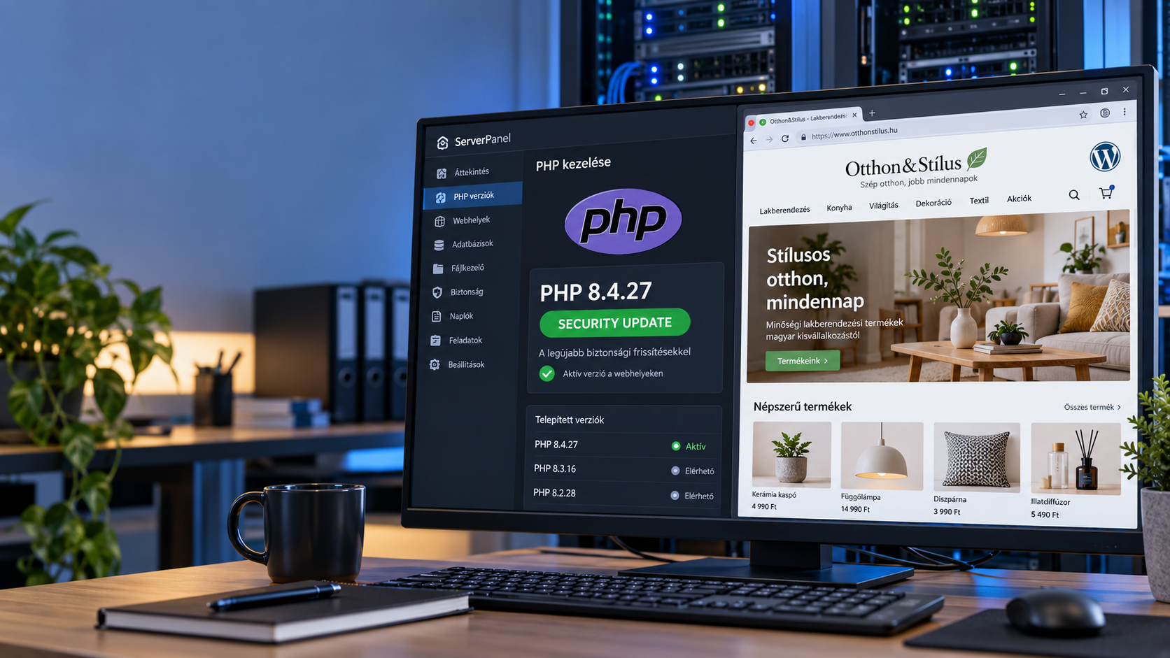 PHP 8.4.27 biztonsági frissítés egy kisvállalati WordPress-webáruház szerverén.