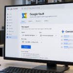 Google Vault kezelőfelületet szemléltető monitor, amelyen Gemini in Workspace beszélgetések JSON-exportja látható.