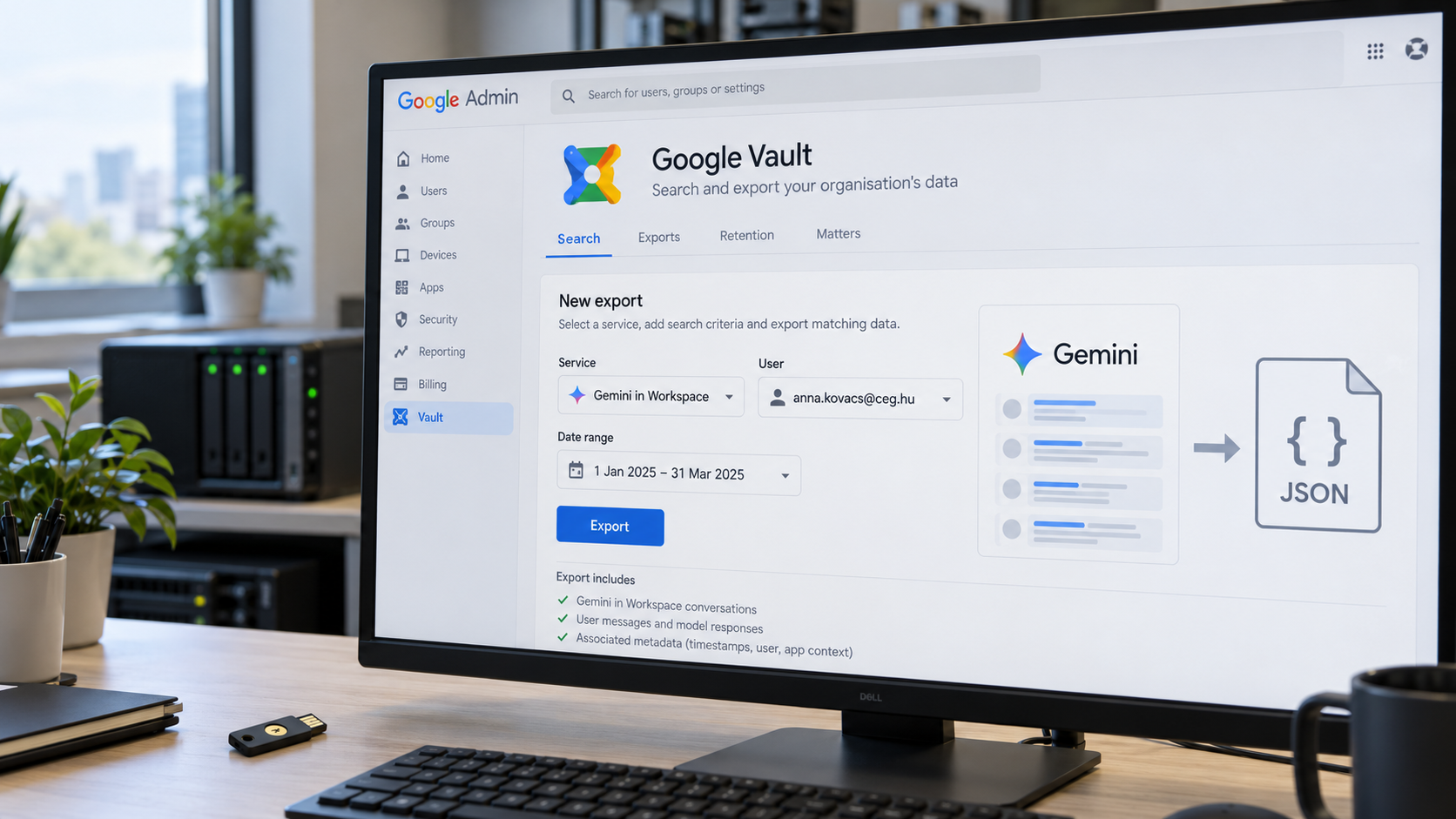 Google Vault kezelőfelületet szemléltető monitor, amelyen Gemini in Workspace beszélgetések JSON-exportja látható.