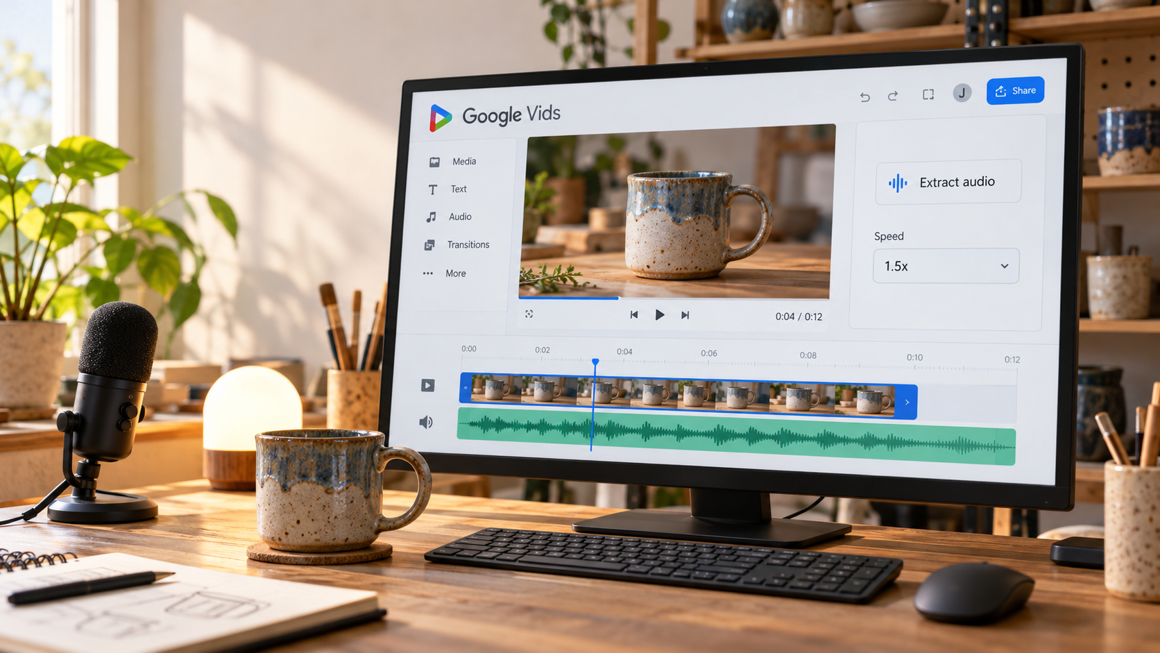 Kerámiatermék videójának szerkesztése Google Vidsben, külön hangsávval és másfélszeres lejátszási sebességgel.