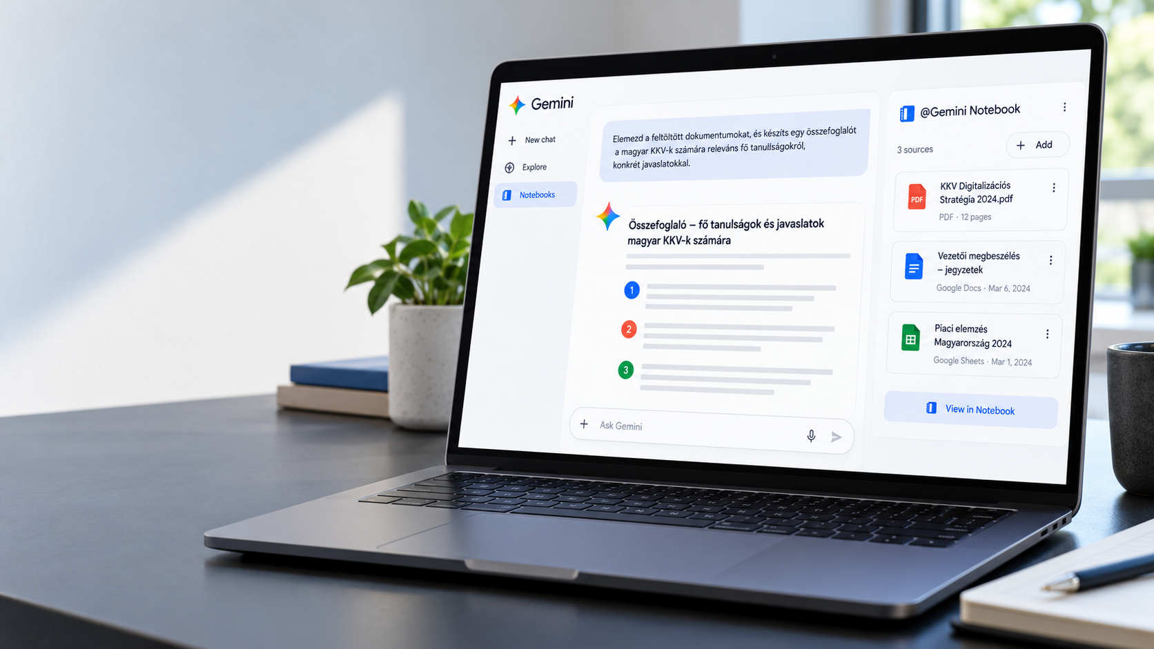 Laptopon megnyitott Gemini-felület, amely vállalati dokumentumokat tartalmazó Gemini Notebookhoz kapcsolódik.