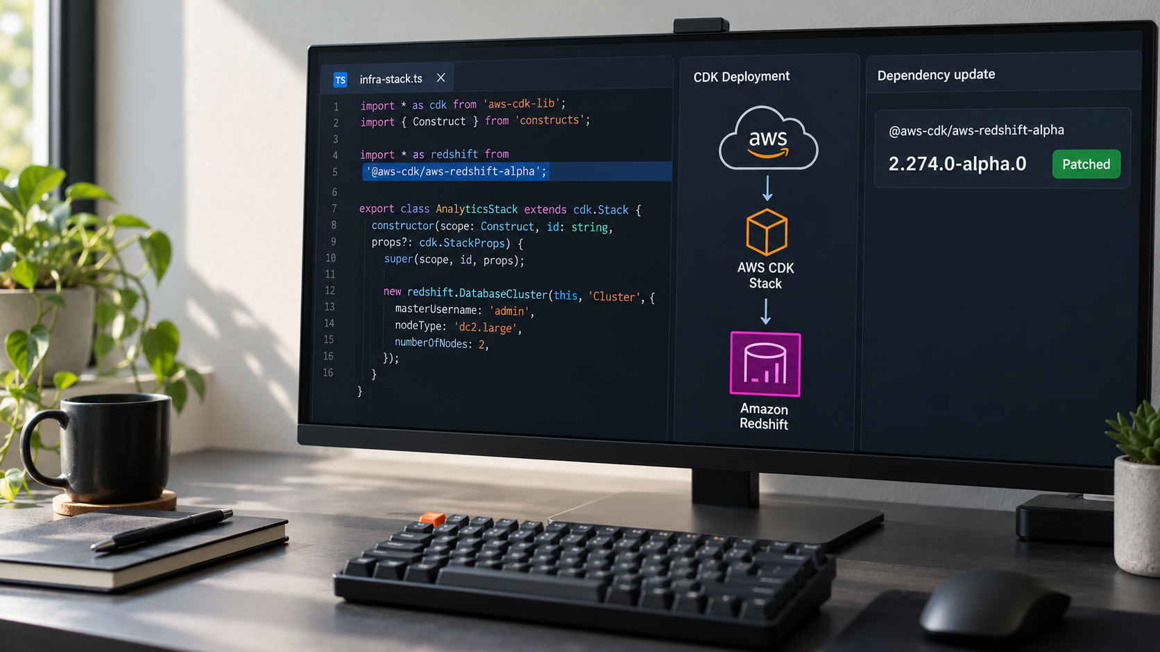 AWS CDK-kódot, Amazon Redshift-telepítési folyamatot és a javított 2.274.0-alpha.0 csomagverziót megjelenítő fejlesztői monitor.