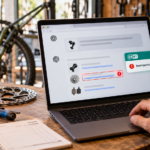Kerékpárszerviz laptopján megnyitott AI-beszélgetés, amelyben az ESET veszélyesnek jelöl egy alkatrészrendeléshez ajánlott hivatkozást.