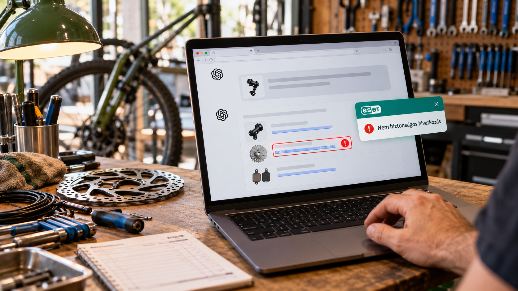Kerékpárszerviz laptopján megnyitott AI-beszélgetés, amelyben az ESET veszélyesnek jelöl egy alkatrészrendeléshez ajánlott hivatkozást.