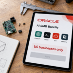 Elektronikai prototípus mellett fekvő táblagép az Oracle AI SMB Bundle eszközeivel és az amerikai vállalkozásokra korlátozott hozzáférés jelzésével.