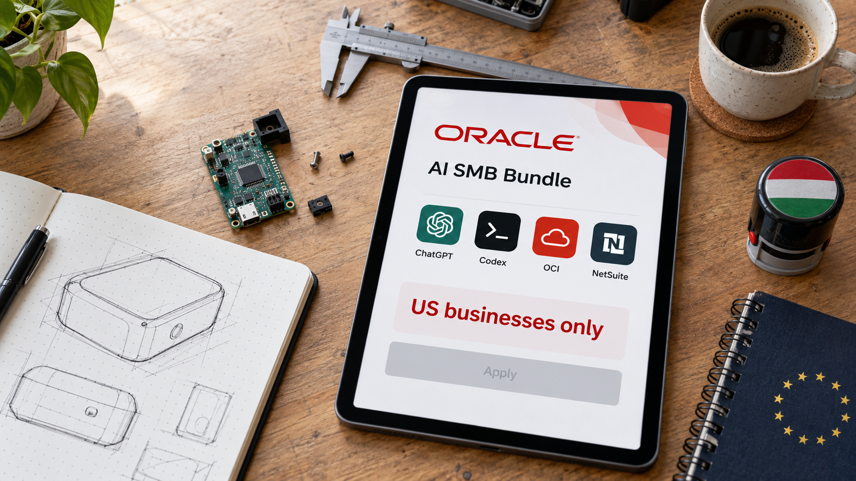 Elektronikai prototípus mellett fekvő táblagép az Oracle AI SMB Bundle eszközeivel és az amerikai vállalkozásokra korlátozott hozzáférés jelzésével.