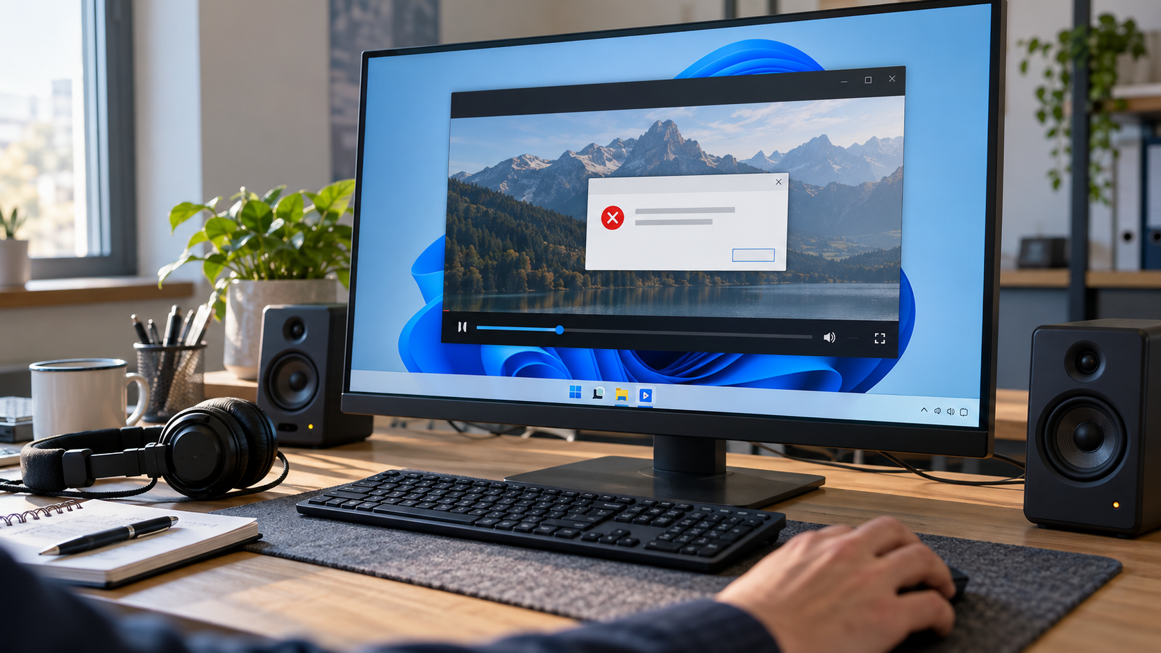 Hang- és videólejátszási probléma irodai számítógépen. AI-val készült illusztráció