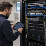 Informatikai szakember táblagéppel ellenőrzi egy vállalkozás szervereit és hálózati eszközeit